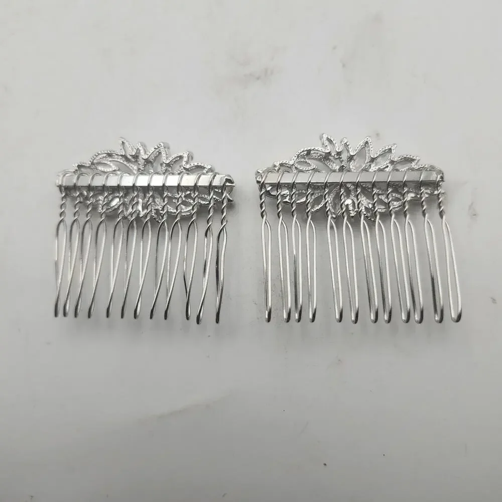 Silver Tone Rhinestone Bridal Hair Comb Pair Floral Leaf Wedding Prom Accessory